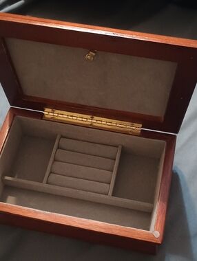 Classic Brown Wood Jewelry Box with Gray Velvet Interior